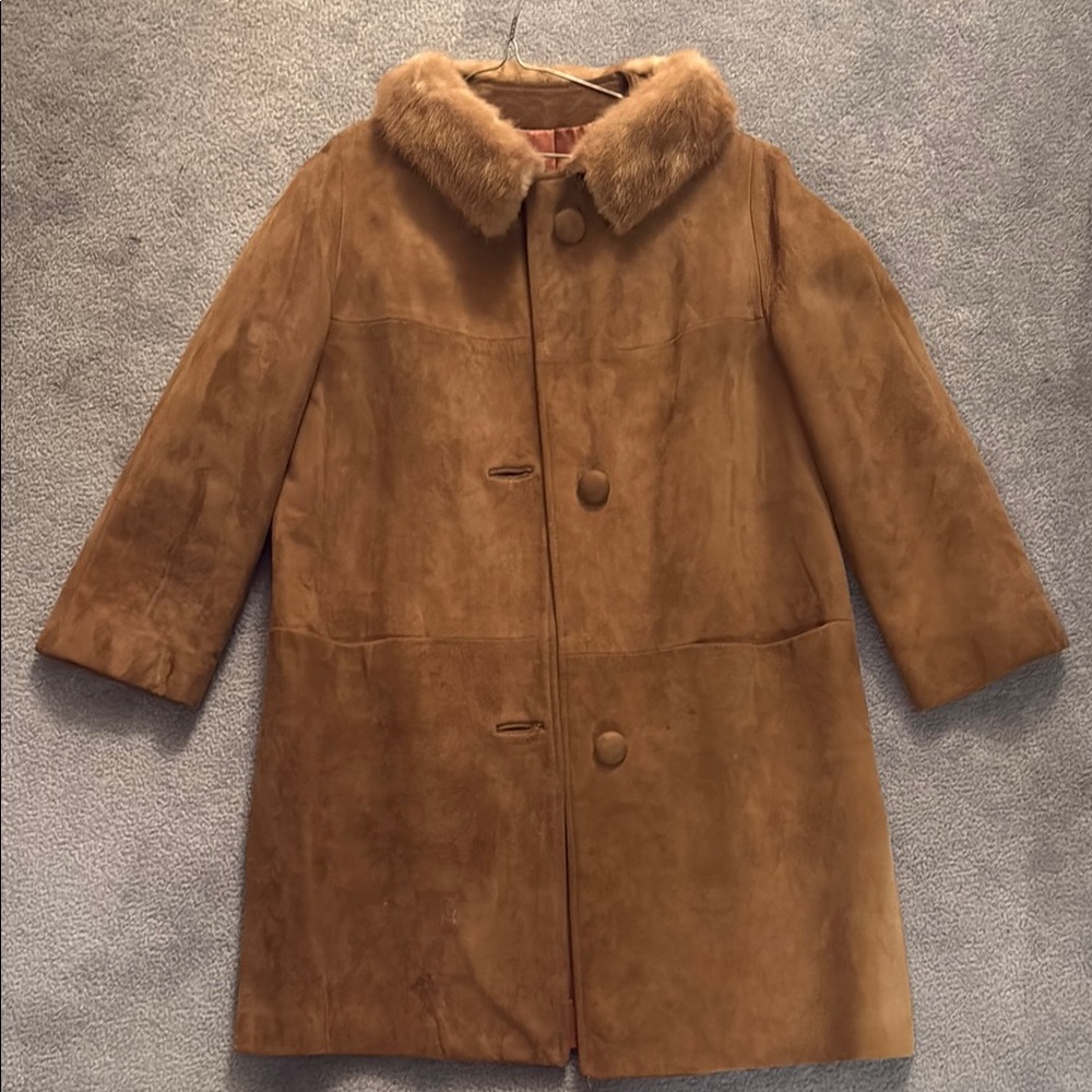 Vintage Brown Suede Coat with Fur Collar